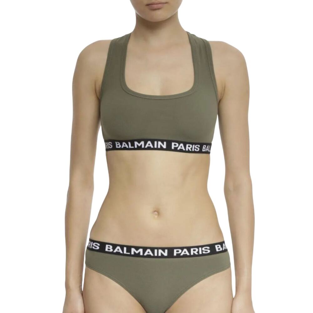Balmain Paris Logo Elastic Band Racerback Jersey Sports Bra Olive Women's Sz 34